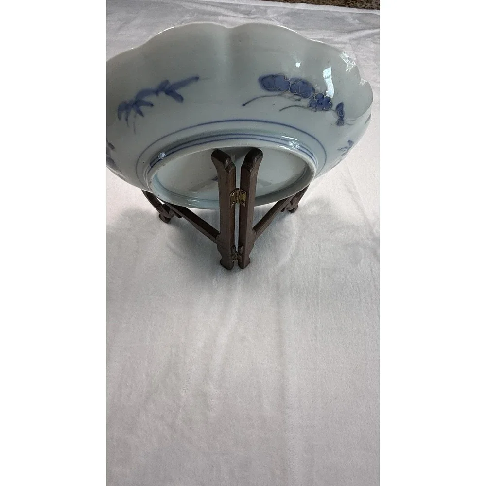 Vintage Japanese Imari Style Scalloped Plate Pagoda Landscape w/ Stand